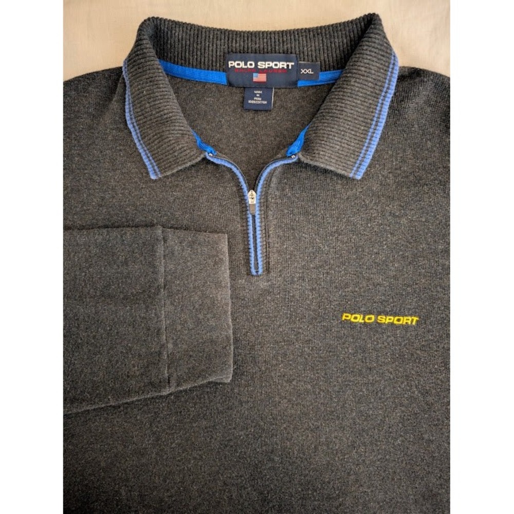 Polo Sport Ralph Lauren Quarter Zip Pullover Mens XXL Charcoal Grey Blue Yellow